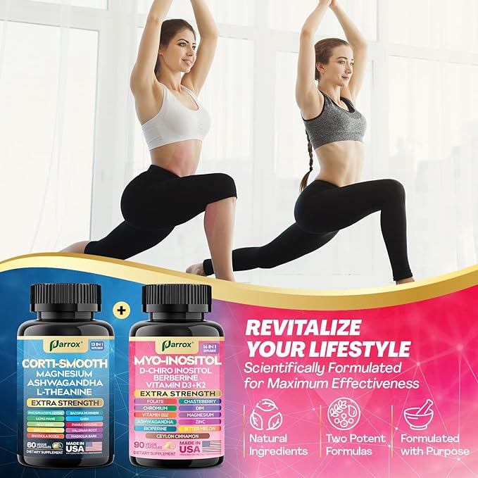 Cortisol & Myo-Inositol Supplement Bundle, Soothe & Smooth Bundle, Cortisol Balance, GABA, Magnesium, Ashwagandha, L-Theanine, D-Chiro Inositol, Folate, Berberine, Chasteberry, Zinc (2 Pack)