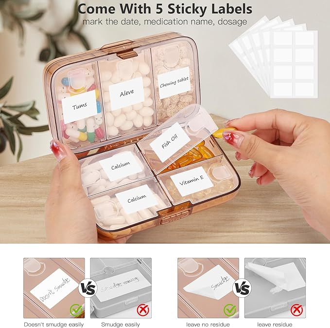 FYY Weekly Pill Organizer with Labels,8 Compartments Travel Daily Pill Case Airtight Moistureproof Large Pill Box to Hold Vitamins, Fish Oil, Supplements,Cotton Swab and Bandages-Brown