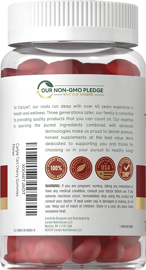 Carlyle Tart Cherry Gummies | 70 Count | Fruit Extract Supplement | Vegan, Non-GMO, and Gluten Free Formula