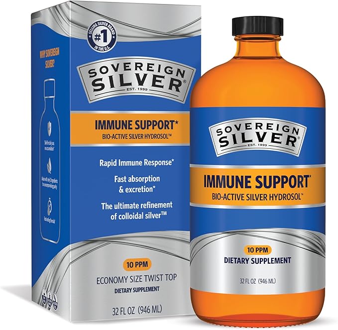 Sovereign Silver Immune Support - Colloidal Silver, Bio-Active Silver Hydrosol, 10 ppm, Liquid Twist Top, 32 Fl Oz, (946 mL)