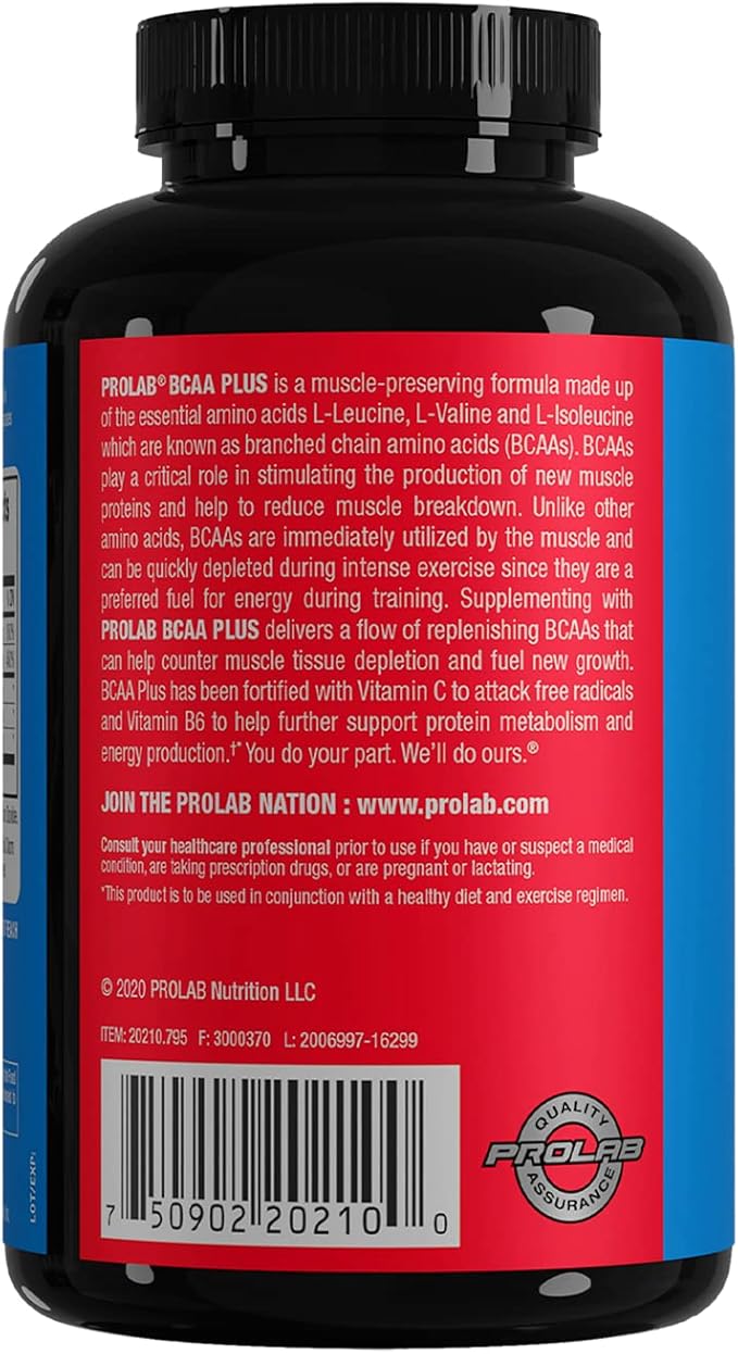 Prolab BCAA Plus Branched Chain Amino Acid Capsules, Muscle Recovery, Lean Muscle Support, Endurance & Performance Booster (180 Capsules)