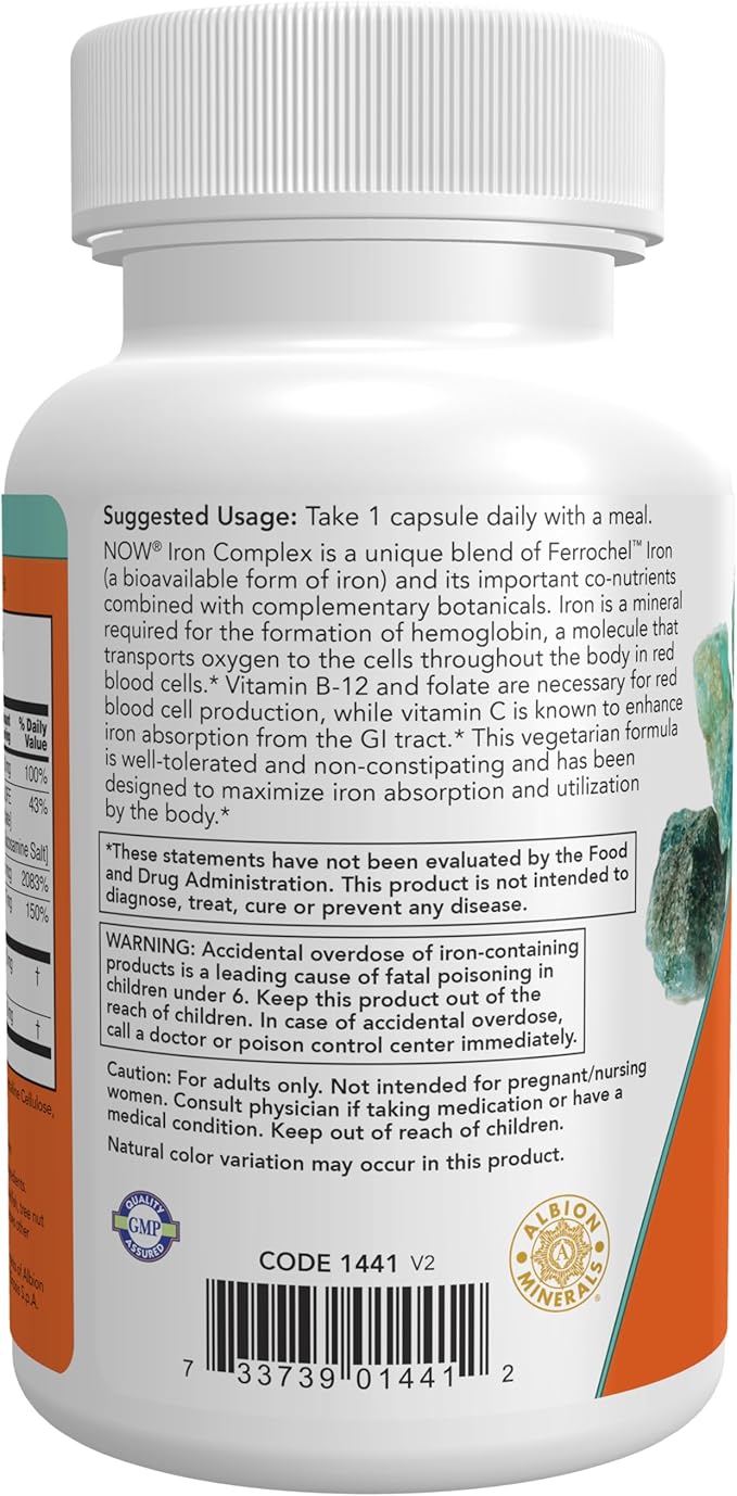 NOW Foods Supplements, Iron Complex Caps, Non-Constipating*, Essential Mineral, 100 Veg Capsules (Pack of 3)