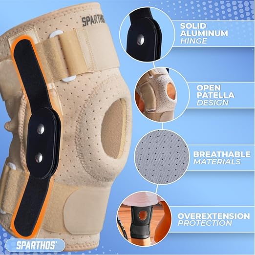 Sparthos Knee Brace - Heavy-Duty Hinged Support for ACL, MCL, Meniscus Tear, Arthritis Pain - Open Patella - 4-Strap Adjustable, For Men & Women, Check Size Chart (Beige-XXL, Fits 18½-22″ Thigh)