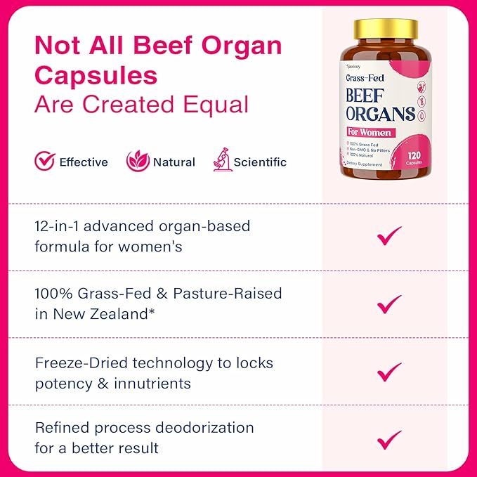 12-In-1 Beef Organ Supplement for Women - Beef Liver, Uterus, Kidney, Heart, Pancreas, 5 Vitamins & 2 Herbs, Hormone Balance, Menstruation, Energy, Immune - 100% Grass Fed, Pasture Raise - 120 Caps