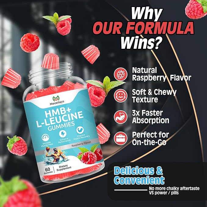 2 Pack Hmb and Leucine Gummies Supplements for Men Women, 4000mg HMB & L-Leucine Amino Acid for Muscle Growth & Fast Work0ut Recovery, Non-GMO, Gluten-Free, Raspberry Flavor,120 Count