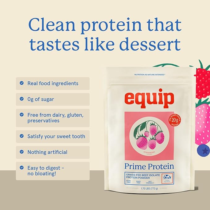 Equip Foods Prime Protein Powder | Clean, Grass Fed Beef Protein Powder | Carnivore Protein Isolate | Paleo, Keto Friendly | Gluten & Dairy Free | Helps Build & Repair Tissue | 30 Servings, Strawberry