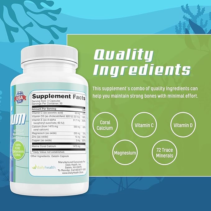 Daily Health - Pure Okinawa Coral Calcium - Marine-Grade Supplement with 72 Trace Minerals - 1475mg, 1080 Vegetable Capsules (12 Month Supply)