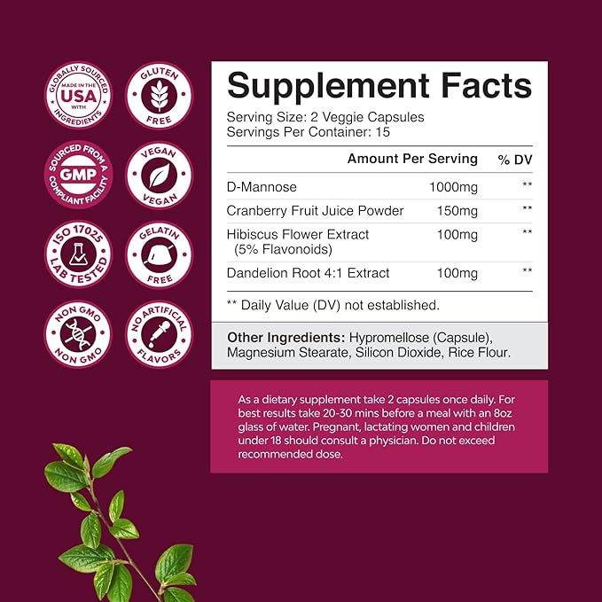 D Mannose Capsules for Urinary Tract Health - High Potency D-Mannose with Cranberry Juice Powder & Dandelion for Urinary Tract Health for Women Fast Acting Super Concentrated Cranberry - 30 Count