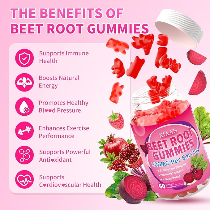 Beet Root Gummies for Women & Men, Beetroot Supplement Beet Chews with Vitamins Grape Seed for Antioxidant Supoort & Immune Health, Sugar-Free/Vegan/Organic,Raspberry Flavor 60 Count