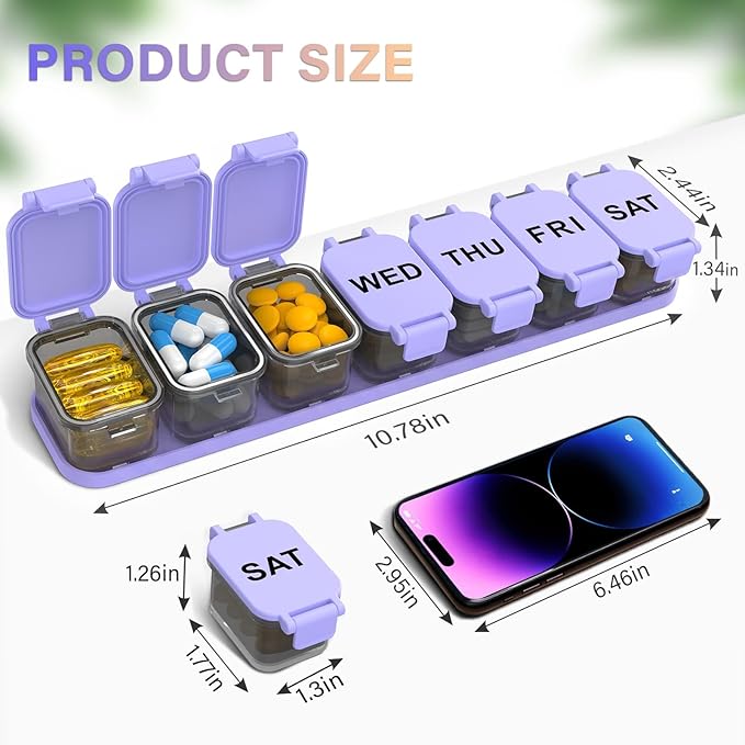 Extra Large Weekly Pill Organizer - XL Vitamin Holder with 7 Detachable Compartments, Portable Medicine Pill Organizer for Supplements, Daily Pill Case for Home and Travel,Purple