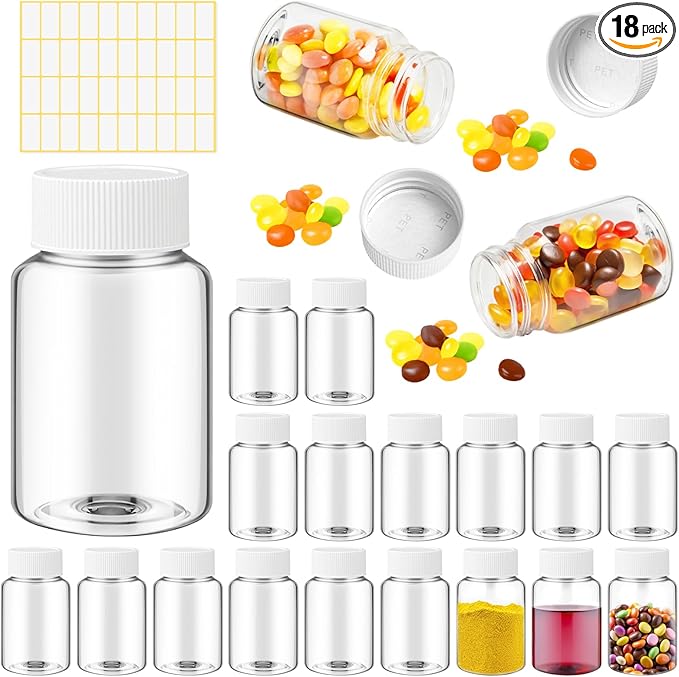 Lamoutor 18Pcs Clear Pill Bottle Plastic Medicine Empty Reagent Bottle Chemical Containers with Caps for Liquid Solid Powder Medicine 20ML