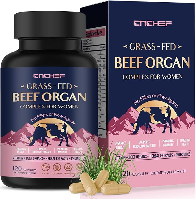 Beef Organ Supplement for Women, Beef Liver, Kidney, Heart & Uterus Tissue, with Multivitamins, Folate & Herbal Extracts – Balance Hormones, Support PMS & Energy, Grass Fed,Pasture Raised,120 Capsules