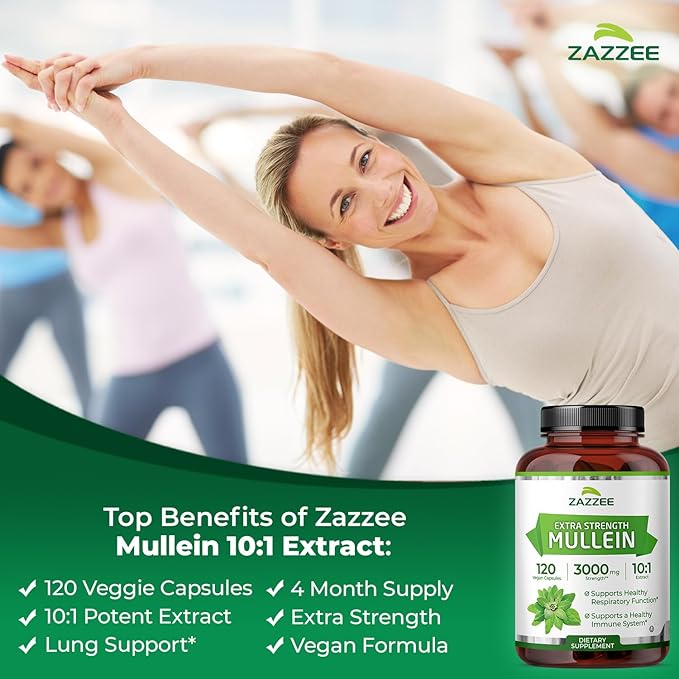 Zazzee Extra Strength Mullein Leaf 10:1 Extract, 120 Vegan Capsules, 4 Month Supply, Verbascum Thapsus, Respiratory & Lung Support, Certified Kosher, 100% Pure Leaf Powder, Non-GMO, Made in the USA