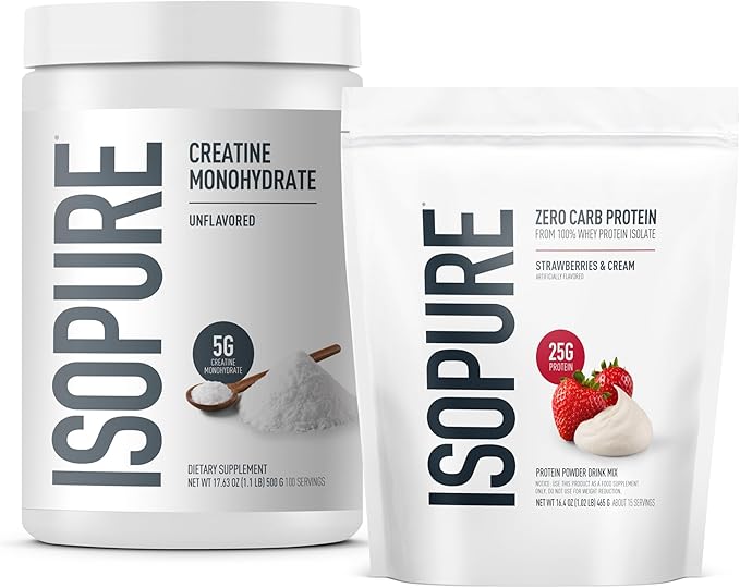 Isopure Bundle of Zero Carb 100% Pure Whey Isolate Protein Powder, Strawberries & Cream, 25g Protein Per Serving, 1 Lb, 15 Servings + Isopure 100% Pure Creatine Monohydrate Powder, 100 Servings