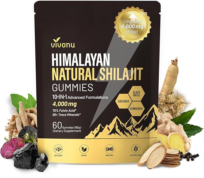 VivoNu Himalayan* Shilajit* Gummies with Ashwagandha* & Gokshura | 85+ Trace Minerals & Fulvic Acid | Organic, Micronutrient Supplement for Men & Women (Men 4000mg / 1 Bag)