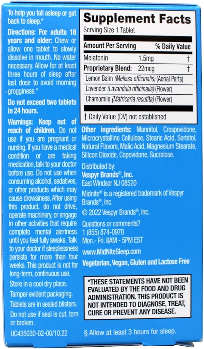 MidNite Sleep Cycle Support Back to Sleep Low Dose Melatonin & Herbal Blend, Cherry Flavor, 30 Quick Melt Tablets (Pack of 4)