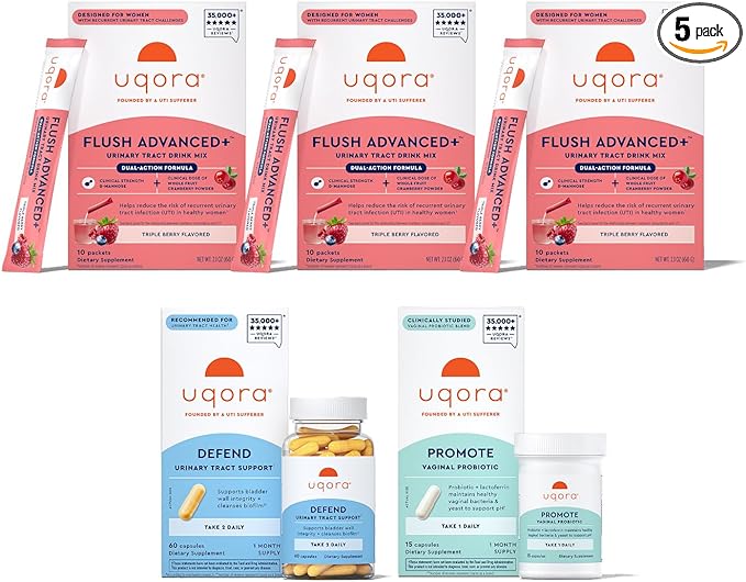 Uqora Flush Advanced+ Regimen with Flush Advanced+ (3 Pack) - Cranberry to Reduce Risk of Recurrent UTI** - Defend & Promote - D-Mannose, Vitamin C, Green Tea Extract & Probiotics - 3-Part Bundle