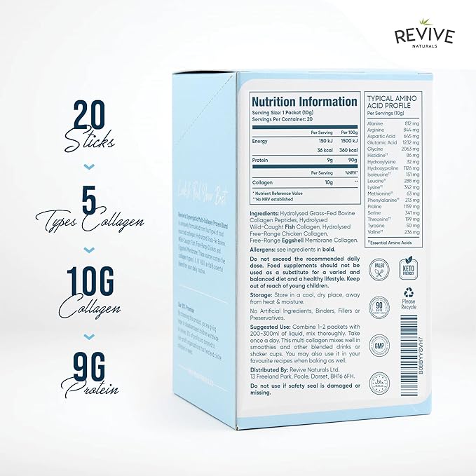 Multi Collagen Protein Powder Packets - Types I, II, III, V & X - Hydrolyzed Grass Fed Bovine, Wild Caught Fish, & Free-Range Chicken & Eggshell Collagen. Non-GMO, Halal, (10g Each, 20 Packets)