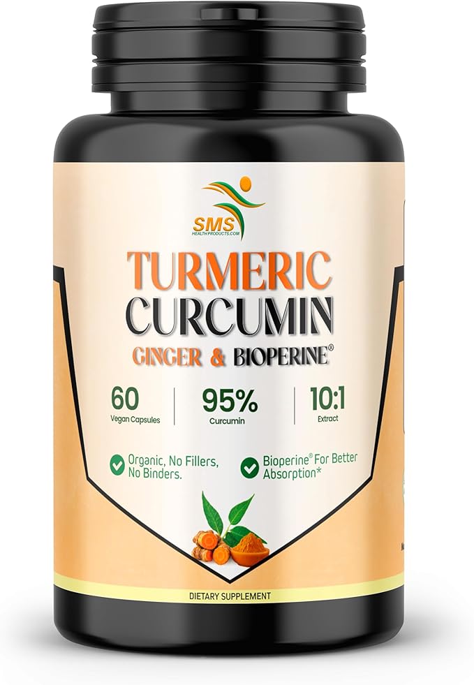 Turmeric Curcumin with Ginger, BioPerine Black Pepper, 95% Curcuminoids, Natural Joint & Healthly Inflammatory Support, Antioxidant Tumeric Supplement, 60 Veggie Capsules, Made in USA, by SMS