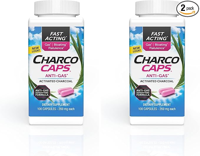 Charcocaps Fast Acting Gas Relief for Bloating & Flatulence,Drug Free Detoxifying Activated Charcoal Formula,100 Capsules,30 Day Supply,Pink,(Pack of 2)