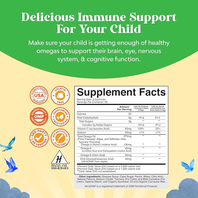 Kids DHA Omega 3 Gummies for Kids - Delicious Fish Free DHA Omega 3 Gummies with Vegetarian 6 9 for Vision Brain & Immunity - Non GMO Supplement Fish & Gluten Free - 90 Count