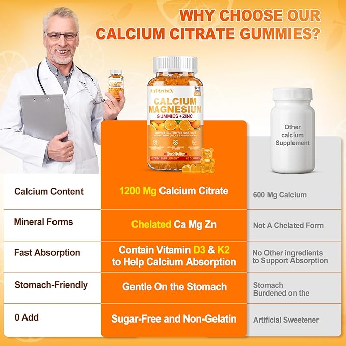 1200mg Calcium Gummies w/Vitamin D3 for Adults - High Absorption Calcium Supplement with Magnesium, K2, Copper, Boron, Zinc and Ashwagandha, Support Bone & Muscle, Sugar-Free for Women Men, 120 Count
