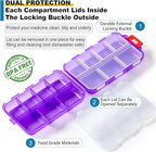 14 Grids Travel Pill Organizer Box with 415-Pcs Medicine Name Labels, Pocket Daily Pharmacy Case Container, Travel Medication Holder Dispenser Kit for Fish Oil Vitamin Supplement Storage -Clear Purple