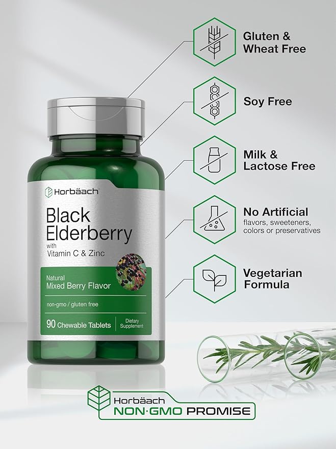 Horbaach Black Elderberry with Vitamin C and Zinc | 90 Chewable Tablets | Mixed Berry Flavor | Immune Support Complex | Vegetarian, Non-GMO, and Gluten Free Supplement