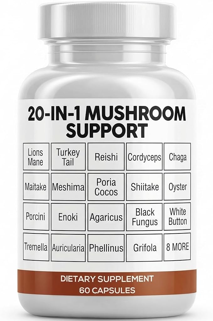 Clean Nutraceuticals Lions Mane 20in1 Mushroom Supplement with Turkey Tail Reishi Cordyceps Chaga Maitake Meshima Poria Cocos Shiitake Oyster Porcini Enoki - 1 Pack