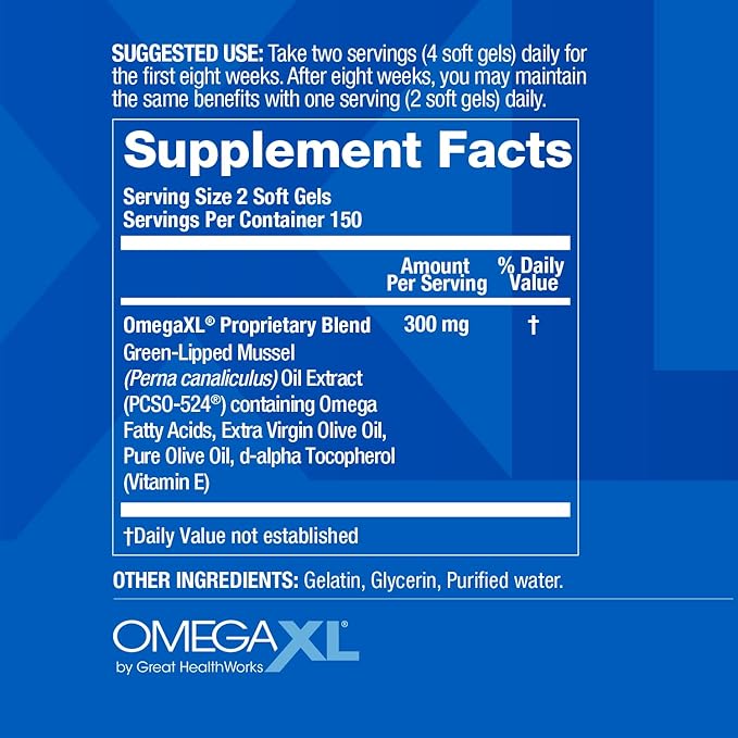 OmegaXL Joint Support Supplement - Natural Muscle Support, Green Lipped Mussel Oil, Soft Gel Pills, Drug-Free, 300 Count