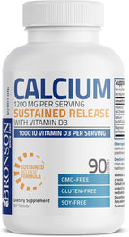 Bronson Calcium 1200 MG Per Serving Sustained Release with Vitamin D3 1000 IU Vitamin D3 Per Serving Non-GMO, 90 Tablets