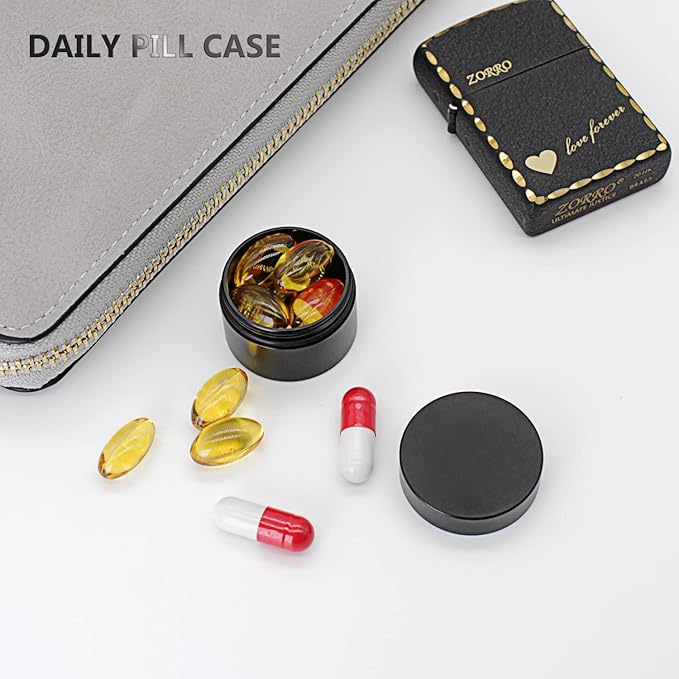 Portable Daily Pill Case, Heavy Duty Aluminium Alloy Round Pill Box, Waterproof Travel Pill Organizer, Pocket Purse Medicine Vitamin Holder EDC Container for Outdoor Camping Working