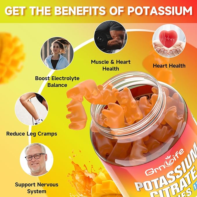 Potassium Citrate Gummies, High Potassium Supplement Gummies 1200mg for Adults & Kids, Support Leg Cramps & Muscle Health, Vegan, Mango Flavor 60 Count