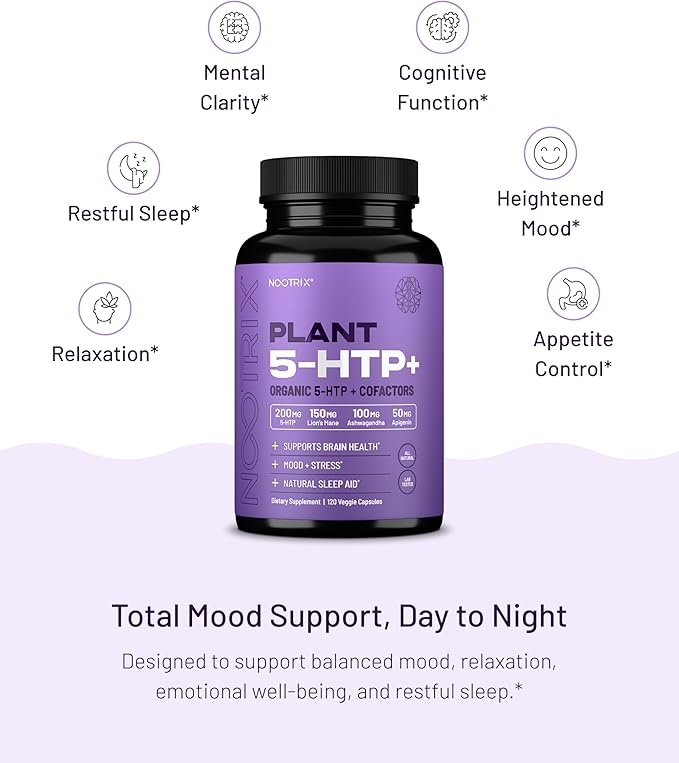 Nootrix Organic Plant 5 HTP+ Supplement | Supports Memory, Mental Focus, Cognitive Health & Energy | Promotes Healthy Mood & Brain Function | Vitamin B6 & L Theanine | 120 Capsules