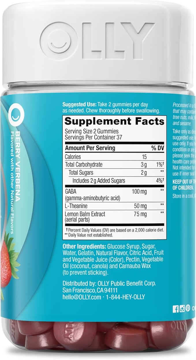 OLLY Goodbye Stress Gummy, GABA, L-Theanine, Lemon Balm, Stress Relief Supplement, Berry - 74 Count
