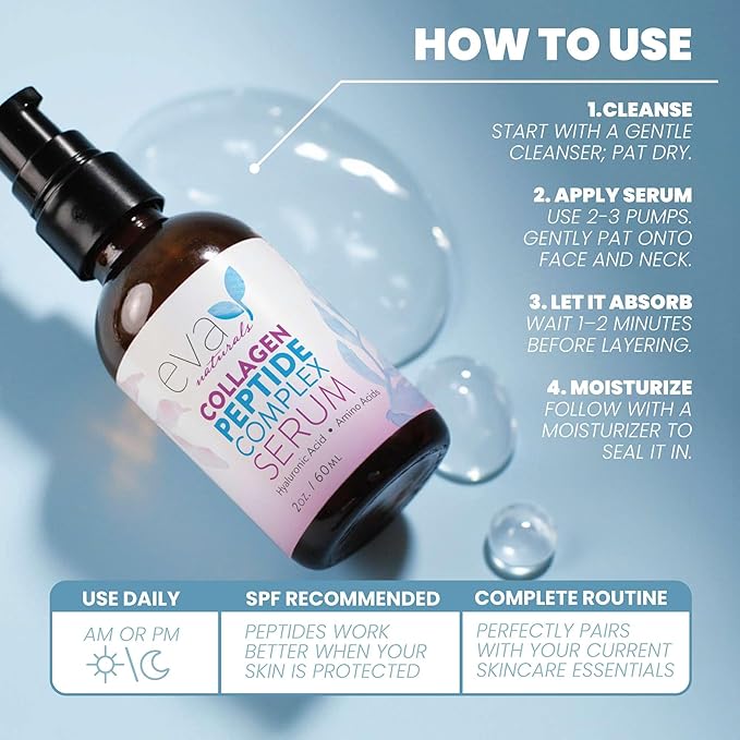 Eva Naturals Multi Peptide Face Serum – Anti Aging Collagen Peptides for Plump & Firm Skin Elasticity, Wrinkle & Fine Line Renewal, Fragrance Free Firming Facial Skincare - 2 oz 2 Pack