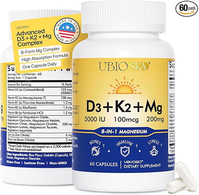 UBIOSKA Vitamin D3 K2 Magnesium Supplement – 5000 IU D3 + MK-7 K2 with 8-Form Magnesium (Glycinate, Taurate, Malate) for Calm Sleep, Stress Relief, Mood Balance & Strong Bones – 60 Capsules