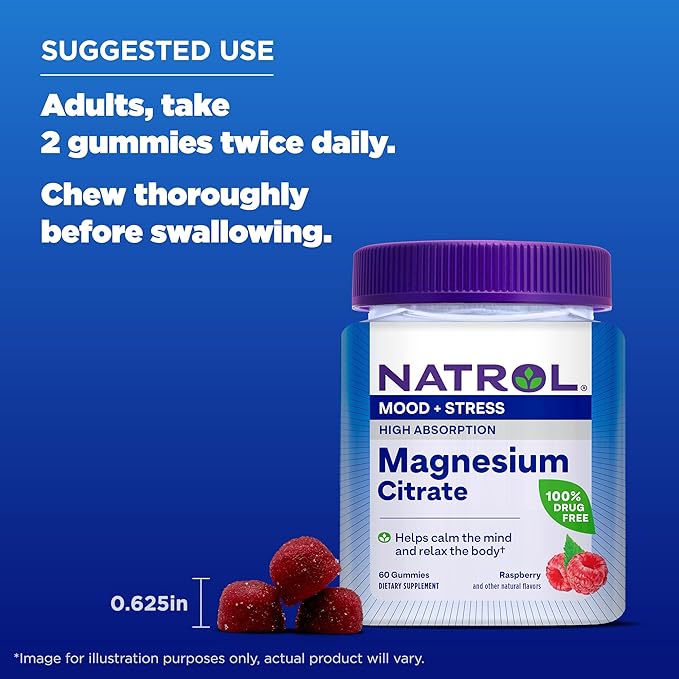 Natrol Magnesium Citrate, High Absorption Magnesium Supplement for Mood and Stress, Helps Calm The Mind and Relax The Body, 60 Raspberry-Flavored Gummies, Up to a 30 Day Supply