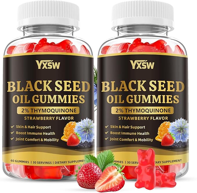 Black Seed Oil Gummies 500mg with Honey and 2% Thymoquinone, Nigella Sativa Seeds for Boost Immune Health, Joints, Digestion, Hair & Skin, Strawberry Flavor, 120 Count