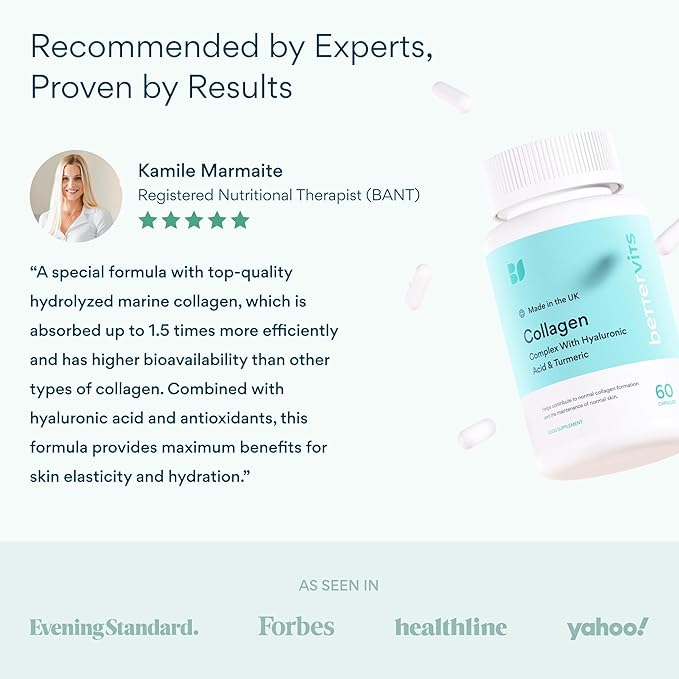 Bettervits Collagen Peptides Complex with Hyaluronic Acid & Turmeric | Hydrolyzed Marine Collagen Supplements for Women & Men | Collagen with Vitamin C for Skin, Hair, Nails & Joints – 60 Capsules