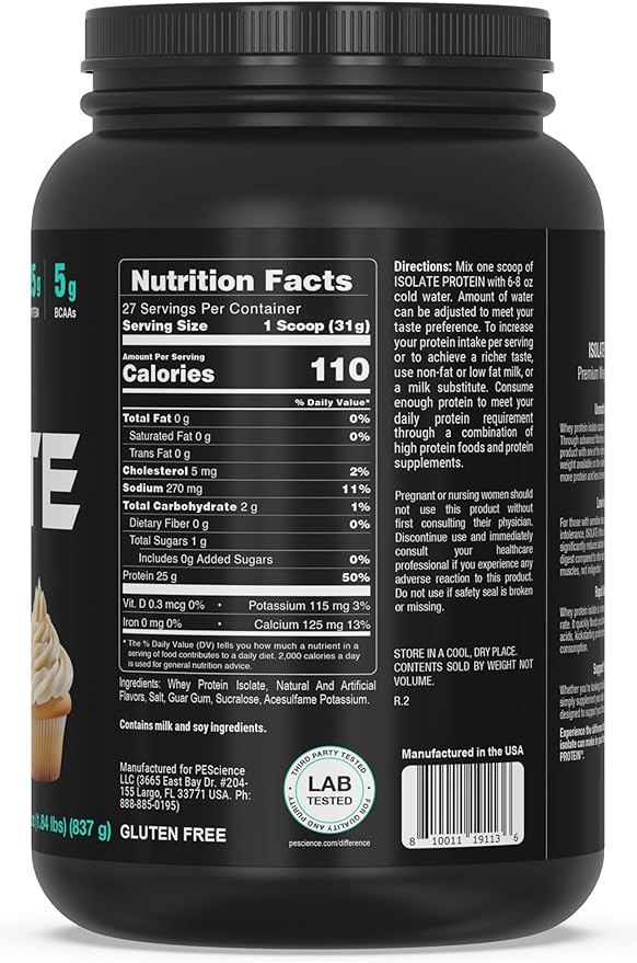 PEScience Isolate Whey Protein Powder, Vanilla Cupcake, 27 Servings, 100% Whey Protein Isolate, Low Carb, Fast Absorbing Post Workout Shake for Men and Women