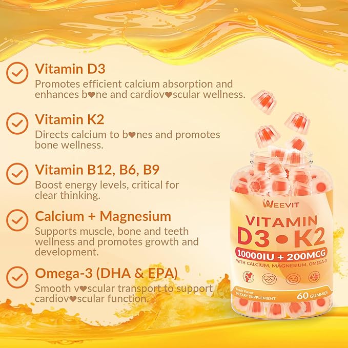Vitamin D3 K2 Gummies, Sugar Free Vitamin D3 K2 w/Calcium, Magnesium, Omega-3, Vitamin C,B12, K2 D3 Supplement