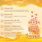 Vitamin D3 10000iu & K2 (as MK7) 200mcg Gummies w/Calcium, Magnesium, Omega-3, Vitamin C, B12, K2 D3 Supplement for Women & Men - Vegan, Sugar Free