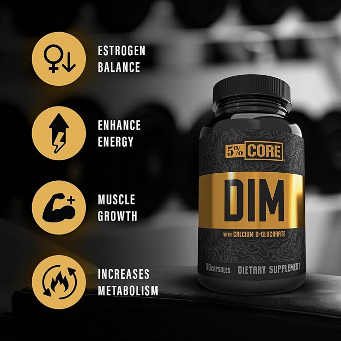 5% Nutrition Core DIM Supplement | Estrogen Regulation Support for Men & Women | Natural Diindolylmethane w/Calcium D-Glucarate, Organic Broccoli Powder + Bioperine (30 Servings / 60 VegCaps)