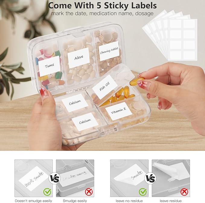 FYY Weekly Pill Organizer with Labels,8 Compartments Travel Daily Pill Case Airtight Moistureproof Large Pill Box to Hold Vitamins, Fish Oil, Supplements,Cotton Swab and Bandages-Clear