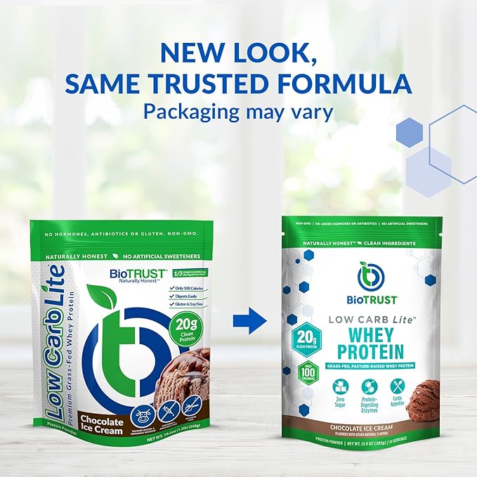 BioTrust Low Carb Lite, 20 Grams of Grass-Fed Whey Protein Isolate, 100 Calories, ProHydrolase Digestive Enzymes, Non-GMO, Free from Soy and Gluten, rBGH-Free (14 Servings) (Chocolate Ice Cream)