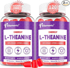Vegan L-Theanine Gummies 200mg with Caffeine(100mg), Korean Red Ginseng & Ginkgo Biloba- Brain Supplement for Focus, Memory & Energy, Sugar-Free, No Jitters, 120 Counts