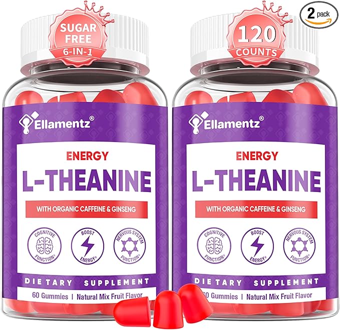 Vegan L-Theanine Gummies 200mg with Caffeine(100mg), Korean Red Ginseng & Ginkgo Biloba- Brain Supplement for Focus, Memory & Energy, Sugar-Free, No Jitters, 120 Counts