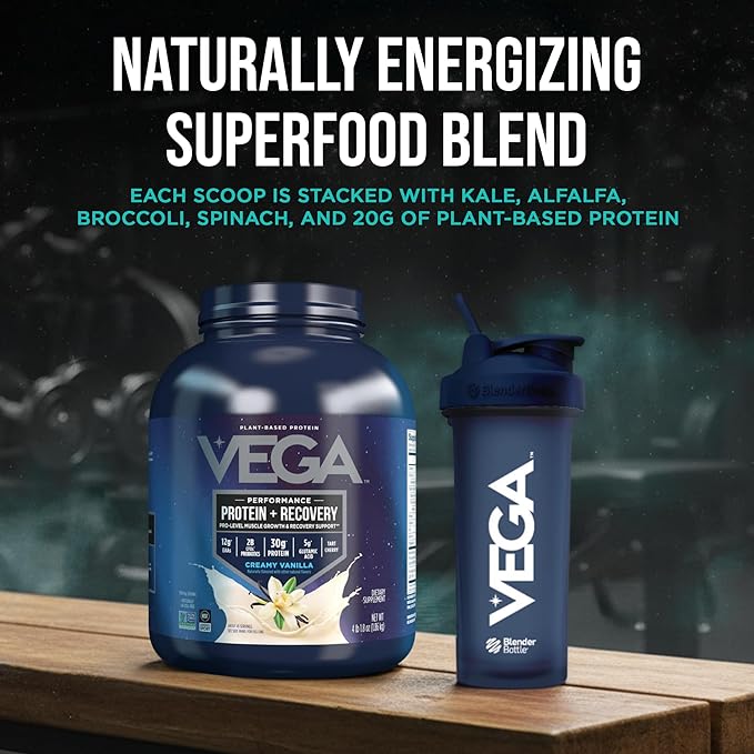Vega Sport Vegan Protein Powder + Recovery - 30g Plant Based Protein per Serving, Vanilla, 45 Servings, 5g BCAAs, Probiotics, NSF Certified, for Shakes & Smoothies, 4.1lbs (Packaging May Vary)
