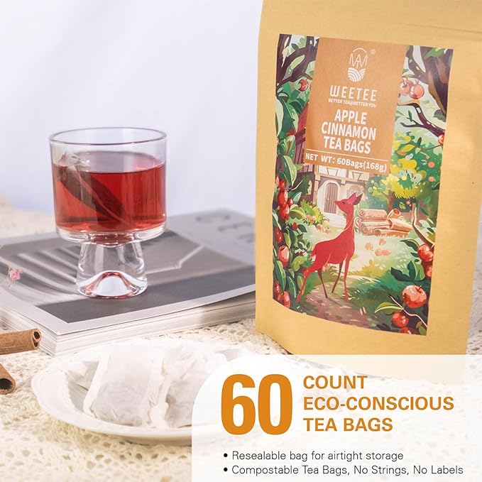 WT WEETEE Apple Cinnamon Herbal Tea Bags, 60 Count, Perfect Blend of Sweet Cinnamon, Tart Hibiscus, Natural Apple & Cinnamon Flavoring, Caffeine-free